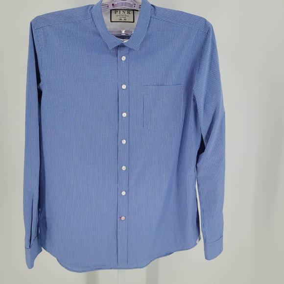 PINK Men's Shirt Slim Fit Blue and White Check  Size L‎ - Picture 3 of 4